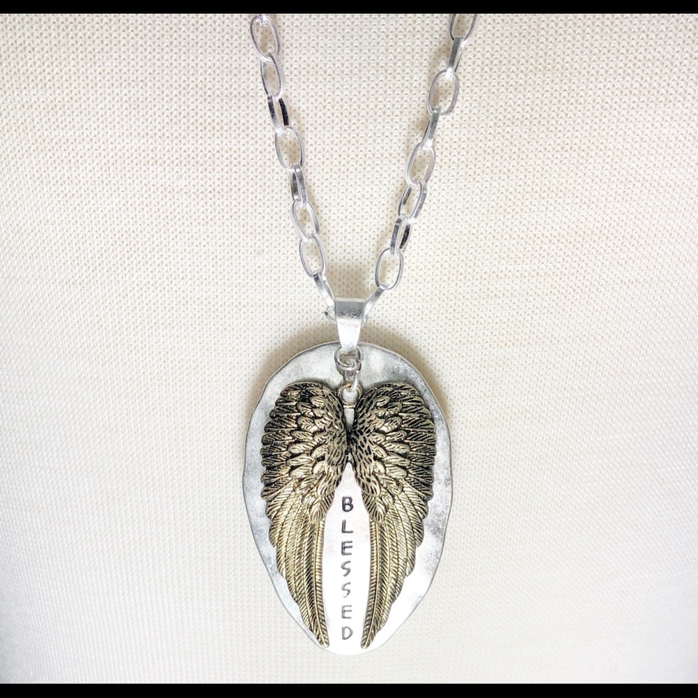 2-Tone Blessed Angel Wings Long Chain Necklace - Picture 2 of 3